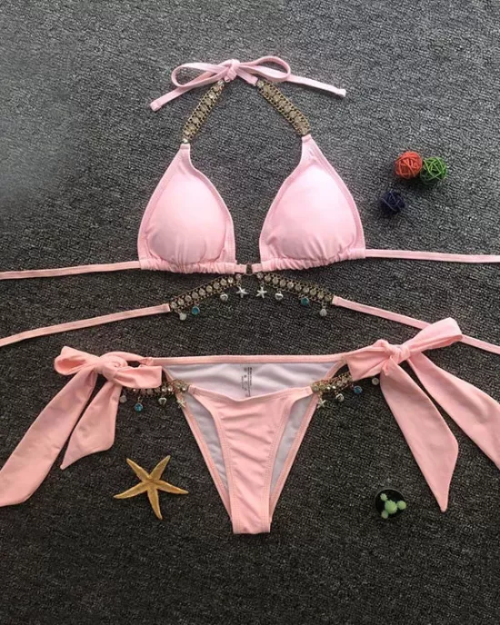 Gorgeous Embellished Bandage Triangles Split Bikini Swimsuit Gorgeous Embellished Bandage Triangles Split Bikini Swimsuit
