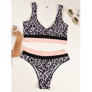 Sleeveless Leopard Print High-Waisted Split Bikini Swimsuit