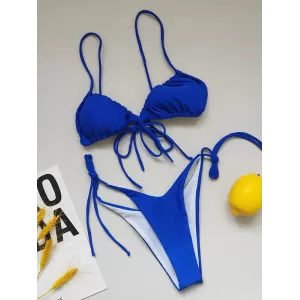 Sexy  Ruffled Solid Color Tie Side Triangle Bikini Swimwear