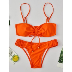 Strapless Spaghetti-Neck Drawstring Bikini Swimsuit