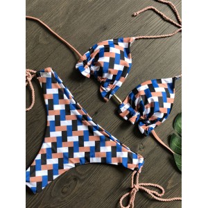 Beach Padded Tie Side Checkered Halter-Neck Bikini Swimsuit