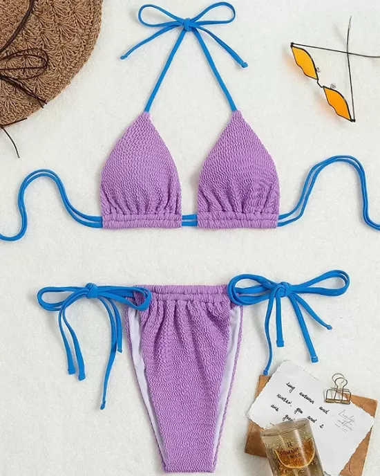 Halterneck Triangle Drawstring Bikini Set