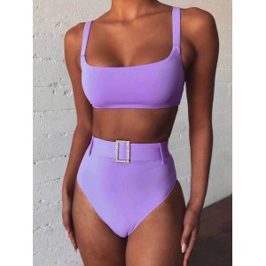 Spaghetti Neck High Waist Belted Bikini Set