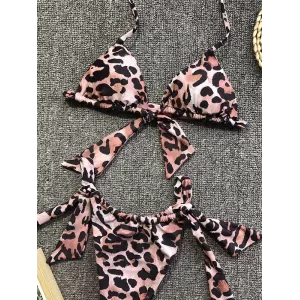 Padded Backless Bandage Deep V-Neck Bikini Swimsuit