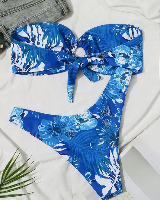 Bandage Floral Printed Hollow Padded Sleeveless Bikini Swimsuit