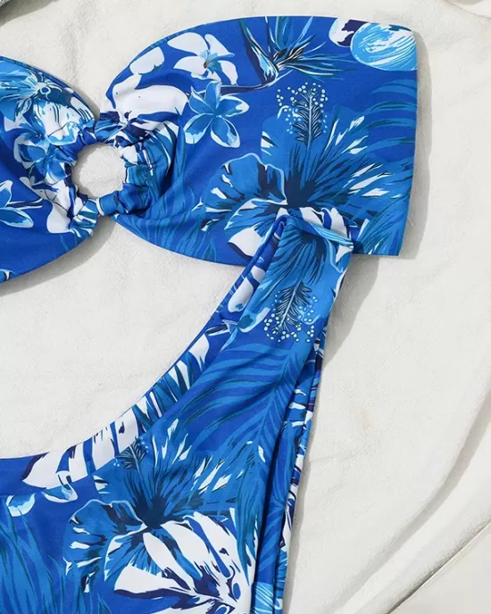 Bandage Floral Printed Hollow Padded Sleeveless Bikini Swimsuit Bandage Floral Printed Hollow Padded Sleeveless Bikini Swimsuit