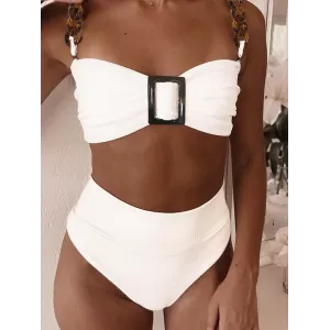Bandage Buckle Chains High-Waisted Hollow Solid Color Padded Spaghetti-Neck Swimsuits Bikini Swimsuit