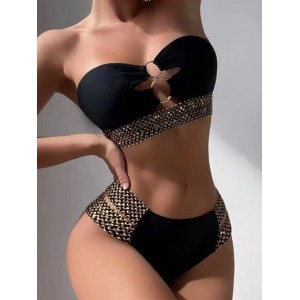 Belly-Hollow Solid Color Split-Joint Padded Bikini Swimsuit