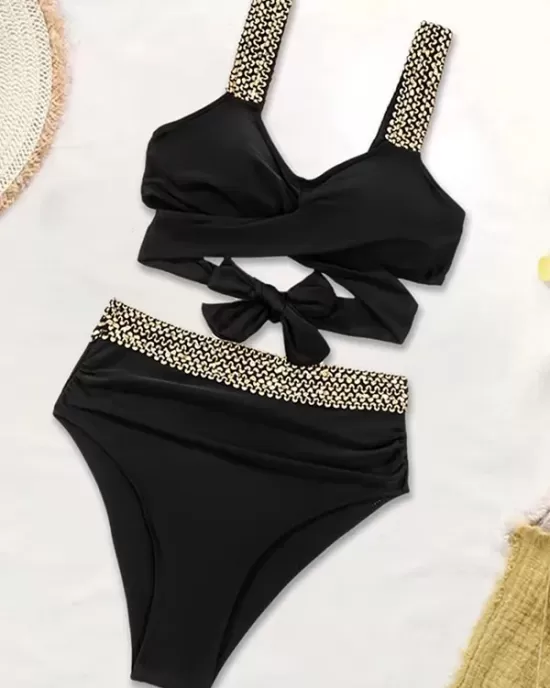 High-Waisted Hollow Leopard Sequined Split-Joint Padded Spaghetti-Neck Bikini Swimsuit High-Waisted Hollow Leopard Sequined Split-Joint Padded Spaghetti-Neck Bikini Swimsuit
