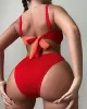 Bandage Color-Block Hollow Padded Spaghetti-Neck Bikini Swimsuit Bandage Color-Block Hollow Padded Spaghetti-Neck Bikini Swimsuit