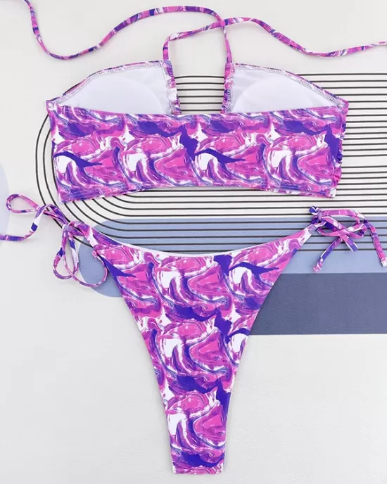 Bandage Hollow Printed Padded Halter-Neck Bikini Swimsuit Bandage Hollow Printed Padded Halter-Neck Bikini Swimsuit