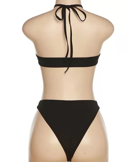 Backless Bandage Solid Color Split-Joint Halter-Neck Bikini Swimsuit