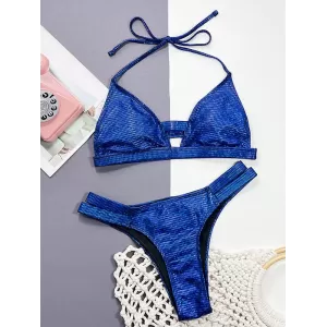 Bandage Belly-Hollow Sequined Solid Color Padded Halter-Neck Bikini Swimsuit