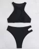 Padded Belly-Hollow Solid Color Round-Neck Bikini Swimsuit