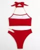 Bandage Belly-Hollow Solid Color Padded Halter-Neck Bikini Swimsuit