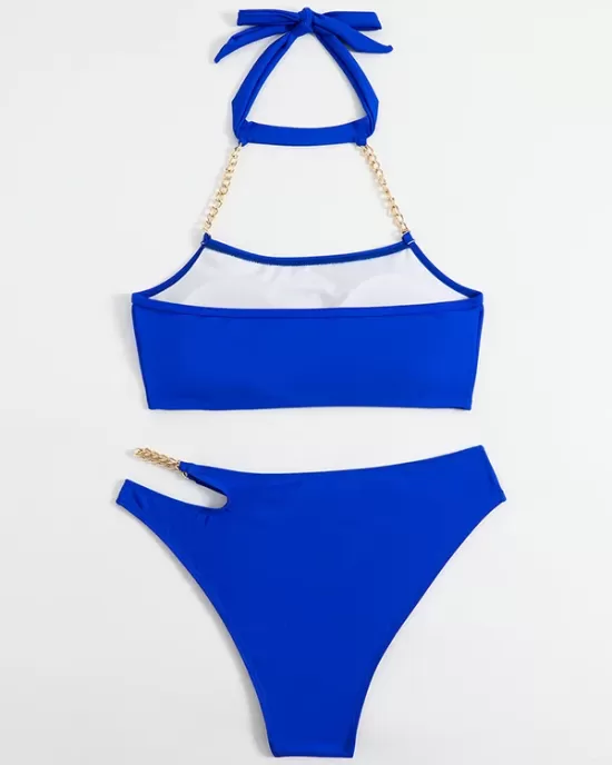 Bandage Belly-Hollow Solid Color Padded Halter-Neck Bikini Swimsuit