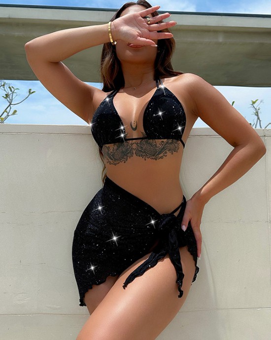 Three-piece Suit Bandage Sequined Halter-Neck Bikini Swimsuit