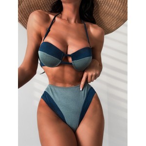 Bandage Color-Block Hollow Padded Halter-Neck Bikini Swimsuit