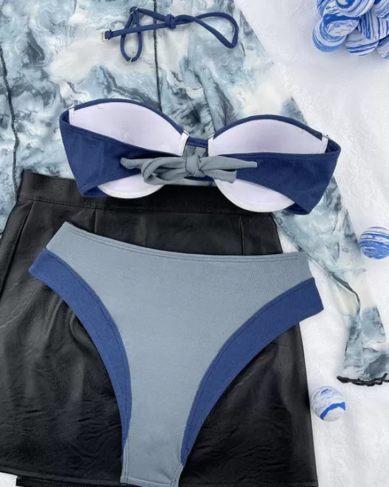 Bandage Color-Block Hollow Padded Halter-Neck Bikini Swimsuit Bandage Color-Block Hollow Padded Halter-Neck Bikini Swimsuit