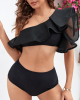 Falbala Lacy Solid Color Split-Joint One-Shoulder Bikini Swimsuit Falbala Lacy Solid Color Split-Joint One-Shoulder Bikini Swimsuit
