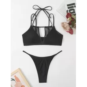 Split-Joint Belly-Hollow Bandage Padded Halter-Neck Bikini Swimsuit