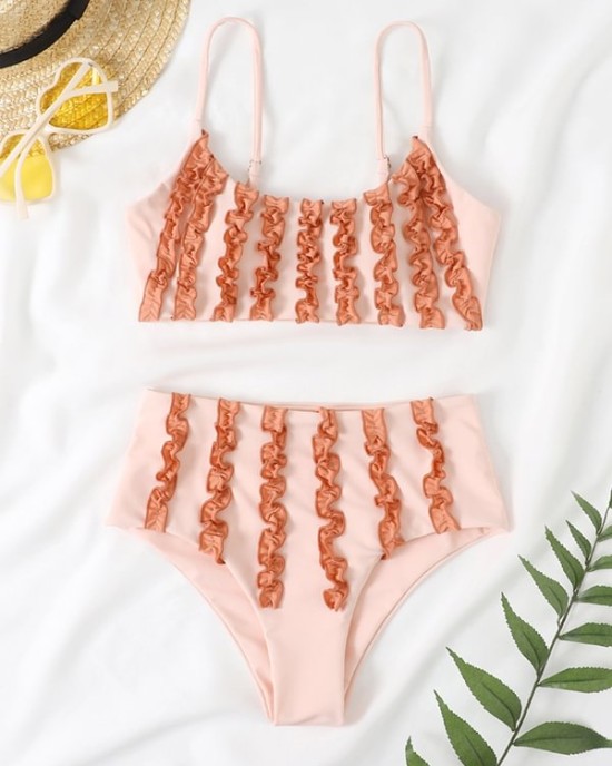 Padded Flower Hollow Lacy Wavy Stripes Bikini Swimsuit