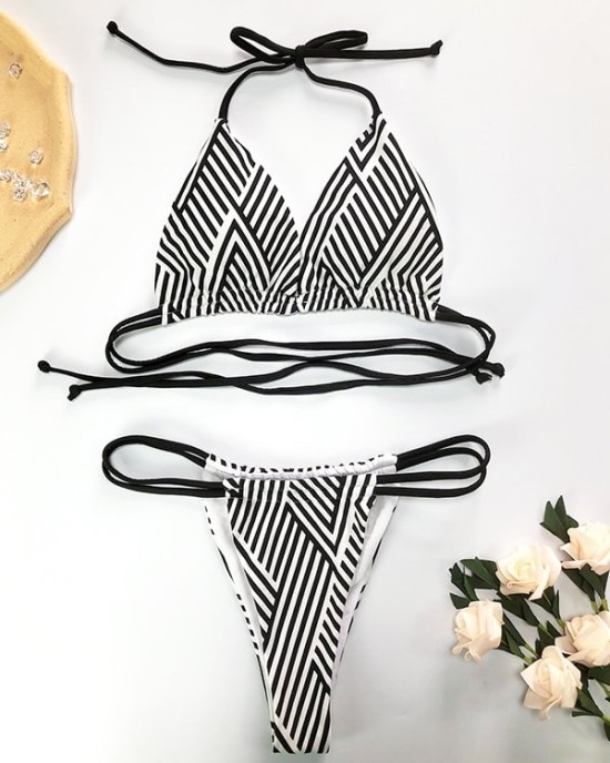 Padded Backless Color-Block Striped Hollow Halter-Neck Bikini Swimsuit