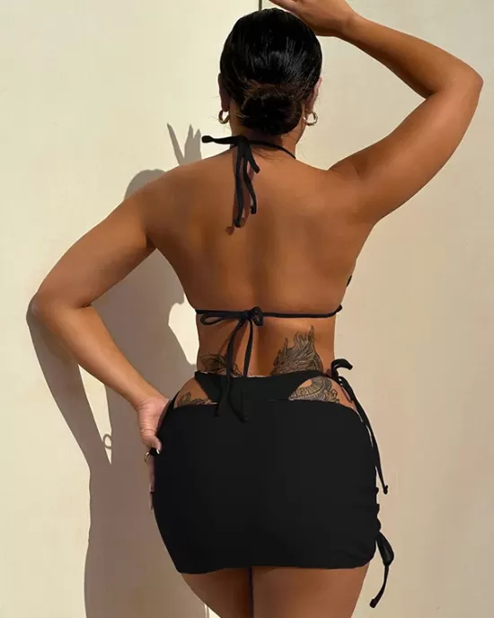 Three-piece Suit Backless Bandage Leopard Halter-Neck Reversible Bikini Swimsuit Three-piece Suit Backless Bandage Leopard Halter-Neck Reversible Bikini Swimsuit
