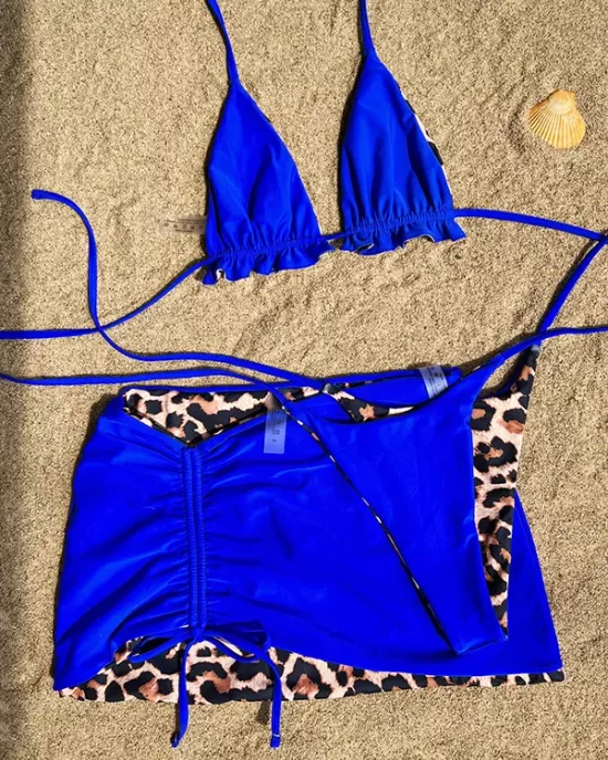 Three-piece Suit Backless Bandage Leopard Halter-Neck Reversible Bikini Swimsuit