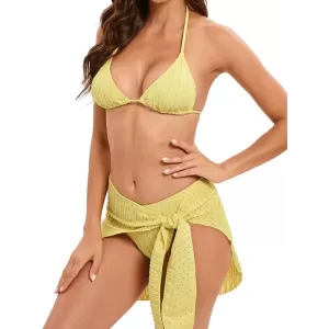 Three-piece Set Padded Backless Solid Color Halter-Neck Bikini Swimsuit