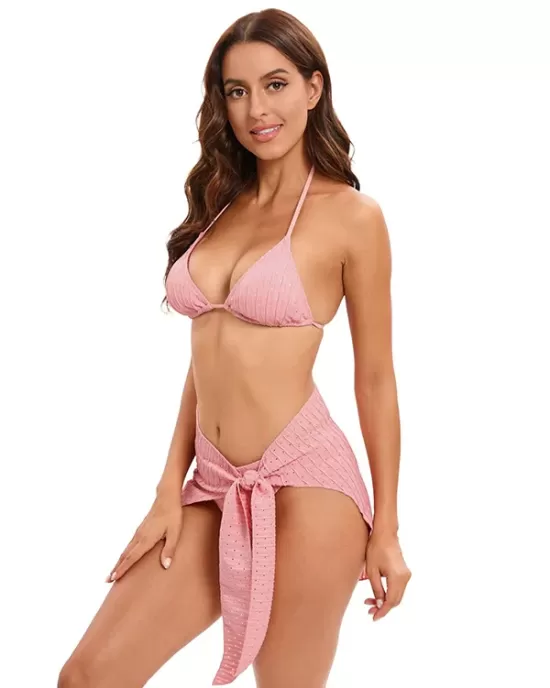 Three-piece Set Padded Backless Solid Color Halter-Neck Bikini Swimsuit