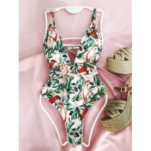 Spaghetti-Neck Floral Belted One-Piece Swimwear