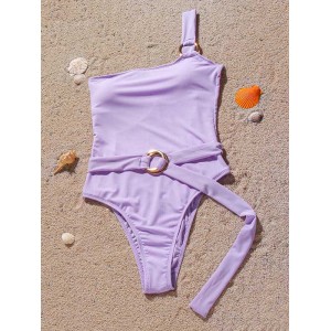 Solid Color One-Shoulder Belted One-Piece Swimwear