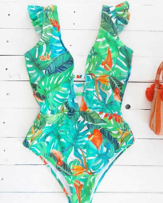 Ruffled Floral Print V-Back One-Piece Swimwear