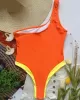 Contrast Color Split-Joint Asymmetric One-Shoulder One-Piece Swimwear