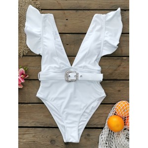 Deep V-Neck Short Sleeve Ruffled One-Piece Swimwear