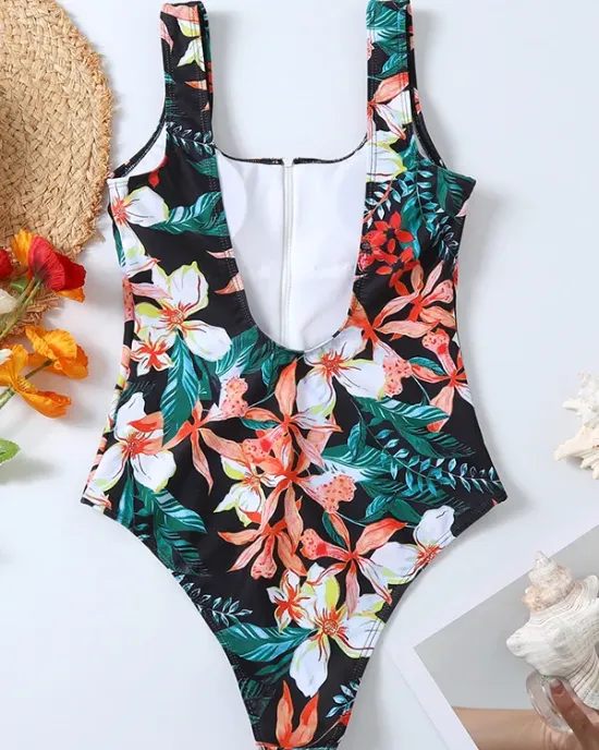 Floral Printed Zipper Backless One-Piece Swimwear