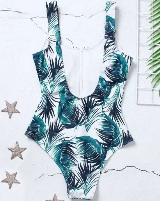 Floral Printed Zipper Backless One-Piece Swimwear