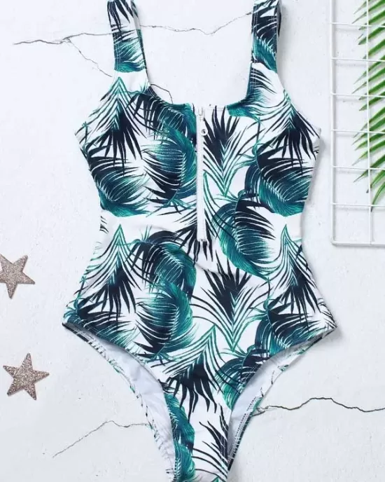 Floral Printed Zipper Backless One-Piece Swimwear