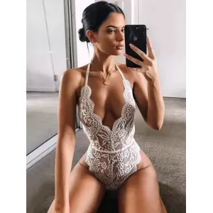 Deep V-Neck Lace One-Piece Bodysuit Lingerie