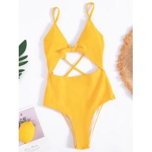Solid Color Knotted Split One-Piece Swimsuit