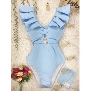 Solid Color Falbala Hollow One-Piece Swimwear