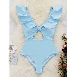 Solid Color Falbala Hollow One-Piece Swimwear