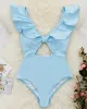 Solid Color Falbala Hollow One-Piece Swimwear