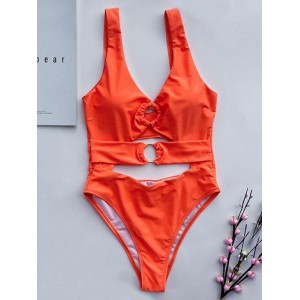 Solid Color Metal Ring One-Piece Swimwear
