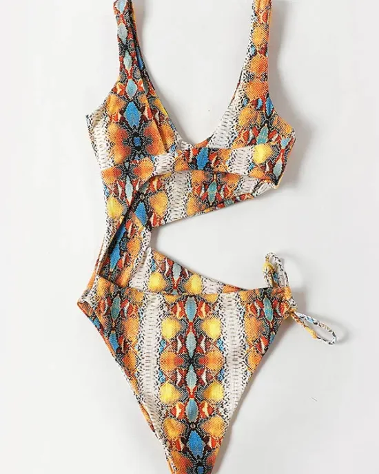 Sleeveless Printing Hollow Bandage Monokini Swimwear