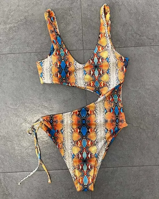 Sleeveless Printing Hollow Bandage Monokini Swimwear