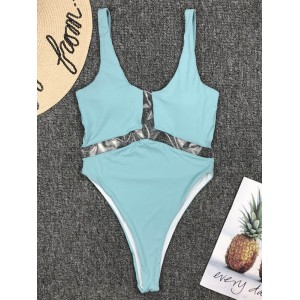 Solid Color See-Through Split-Joint U-Neck One-Piece Swimwear