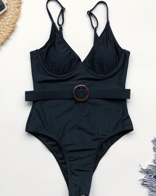 Solid Color Belted Embellished One-Piece Swimwear