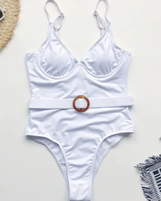 Solid Color Belted Embellished One-Piece Swimwear